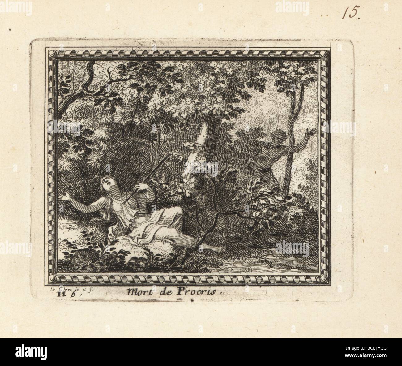 Tod des Procris durch den Jagdspeer ihres Mannes Cephalus. Während Cephalus auf der Jagd ist, folgt ihm eifersüchtiger Procris. Er hält sie für ein wildes Tier und tötet sie mit einem Pfeil in den Büschen. Mort de Procris. Kupferstich von Sebastien Leclerc aus Metamorphoses d’Ovide, Stiche für Ovids Metamorphosen, chez Audran, Paris, 1676. Stockfoto