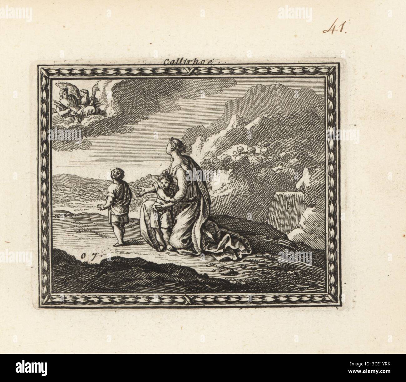 Callirrhoe bittet Jupiter, ihre Söhne Amphoterus und Acarnan zu altern. Jupiter erscheint auf einer Wolke am Himmel mit seinem Adler und Blitz. Callirrhoe fleht ihn an, ihre Söhne zu züchten, um den Tod ihres Vaters Alcmaeon zu rächen. Callirhoe. Kupferstich aus Metamorphoses d’Ovide en Rondeaux, Ovid’s Metamorphoses, chez Audran, Paris, 1676. Stockfoto