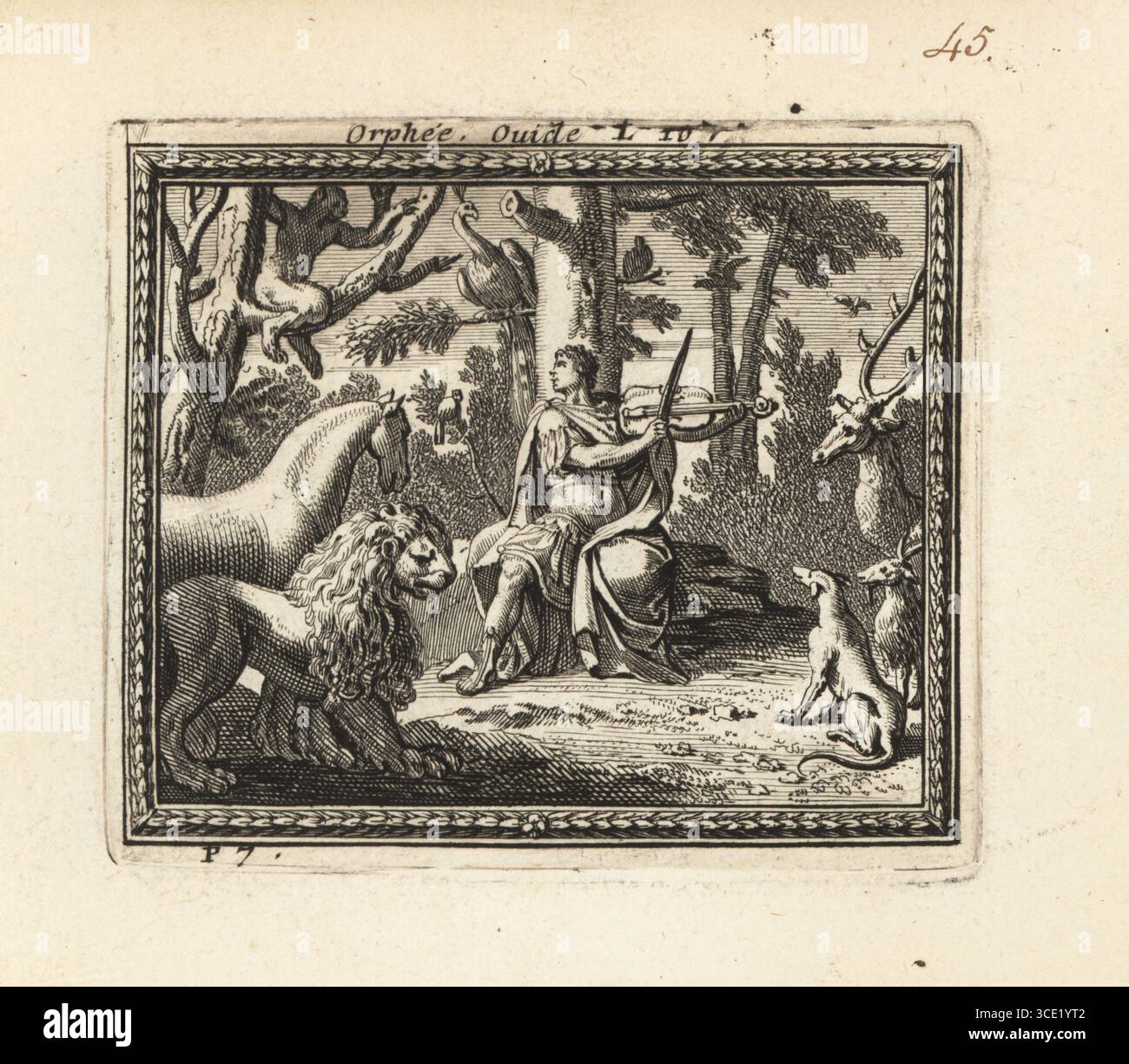 Orpheus spielt seine Leier mit einem Bogen für wilde Tiere im Wald. Der legendäre Dichter und Musiker tritt vor einem Publikum aus Pfau, Affe, Löwe, Pferd, Hirsch, Hund usw. Orphee. Ovide L 10. Kupferstich aus Metamorphoses d’Ovide en Rondeaux, Ovid’s Metamorphoses, chez Audran, Paris, 1676. Stockfoto