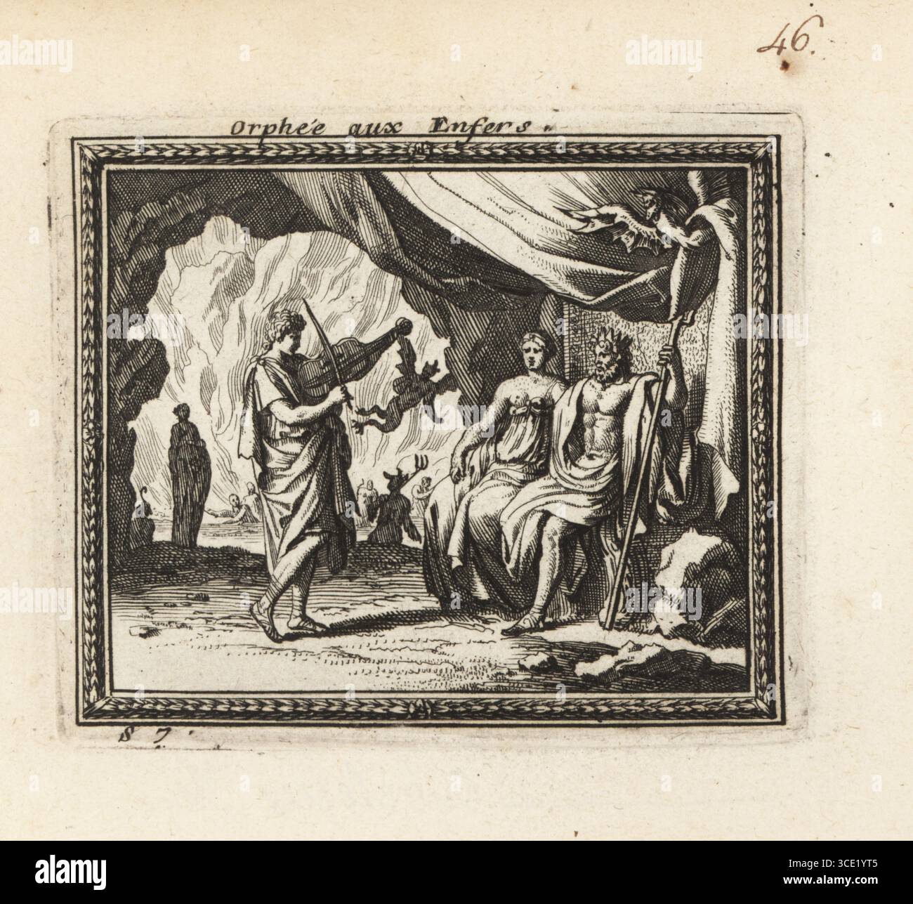 Orpheus spielt seine Leier mit seinem Bogen für Pluto und Persephone in Hades. Der Dichter und Musiker war in die Unterwelt gekommen, um seine verstorbene Frau Eurydice zurückzuerobern. Eurydice steht wie eine Statue im Hintergrund. Dämonen und Teufel quälen Seelen in einem Feuersee. Orphee aux Enfers. Kupferstich aus Metamorphoses d’Ovide en Rondeaux, Ovid’s Metamorphoses, chez Audran, Paris, 1676. Stockfoto