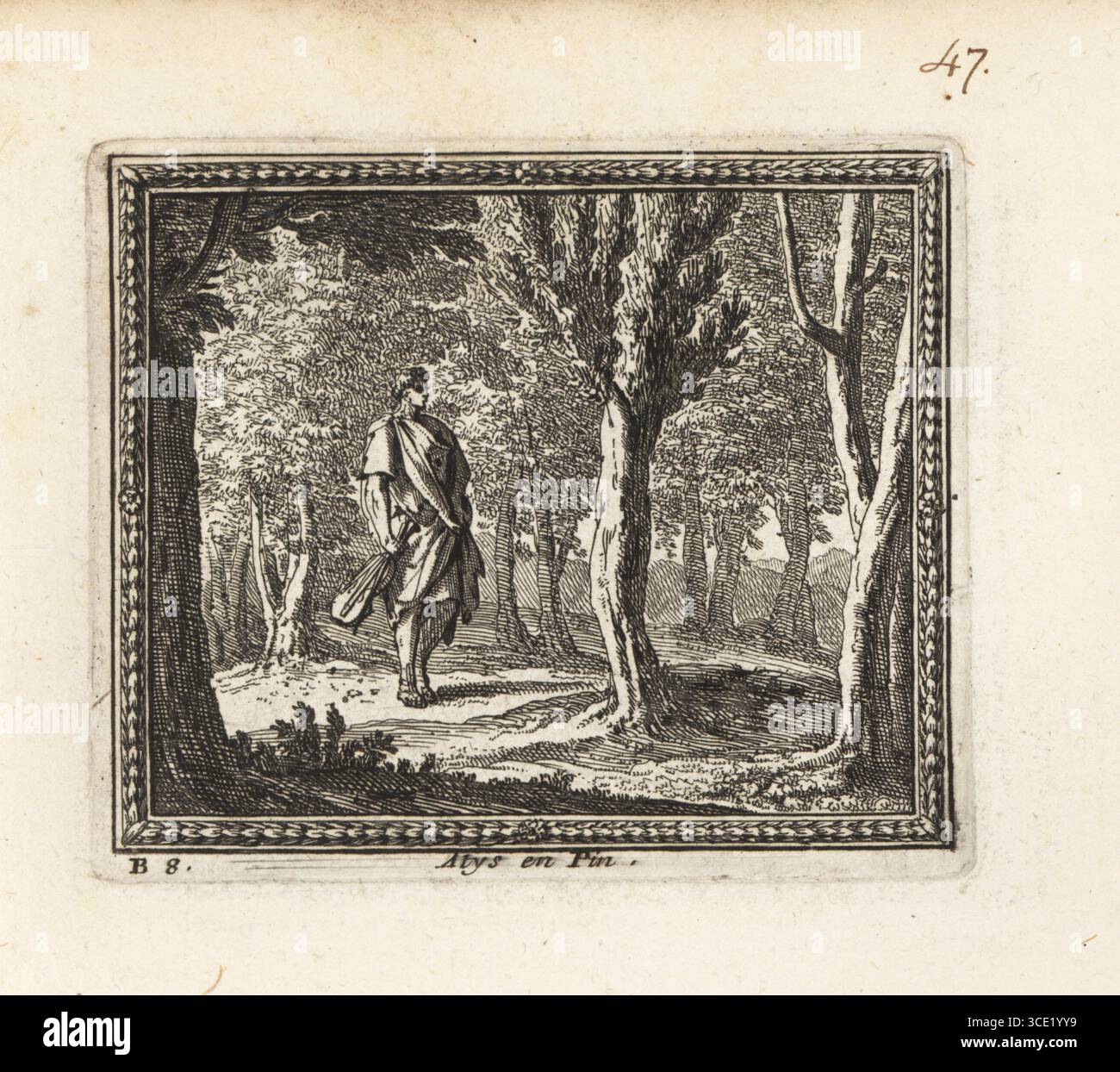 Orpheus, der neben Attis steht, verwandelte sich in eine Kiefer. Der Musiker und Dichter hält Leier und Bogen. Attis war die selbstentkleidete Gemahlin der Muttergöttin Cybele. ATyS en Pin. Kupferstich aus Metamorphoses d’Ovide en Rondeaux, Ovid’s Metamorphoses, chez Audran, Paris, 1676. Stockfoto