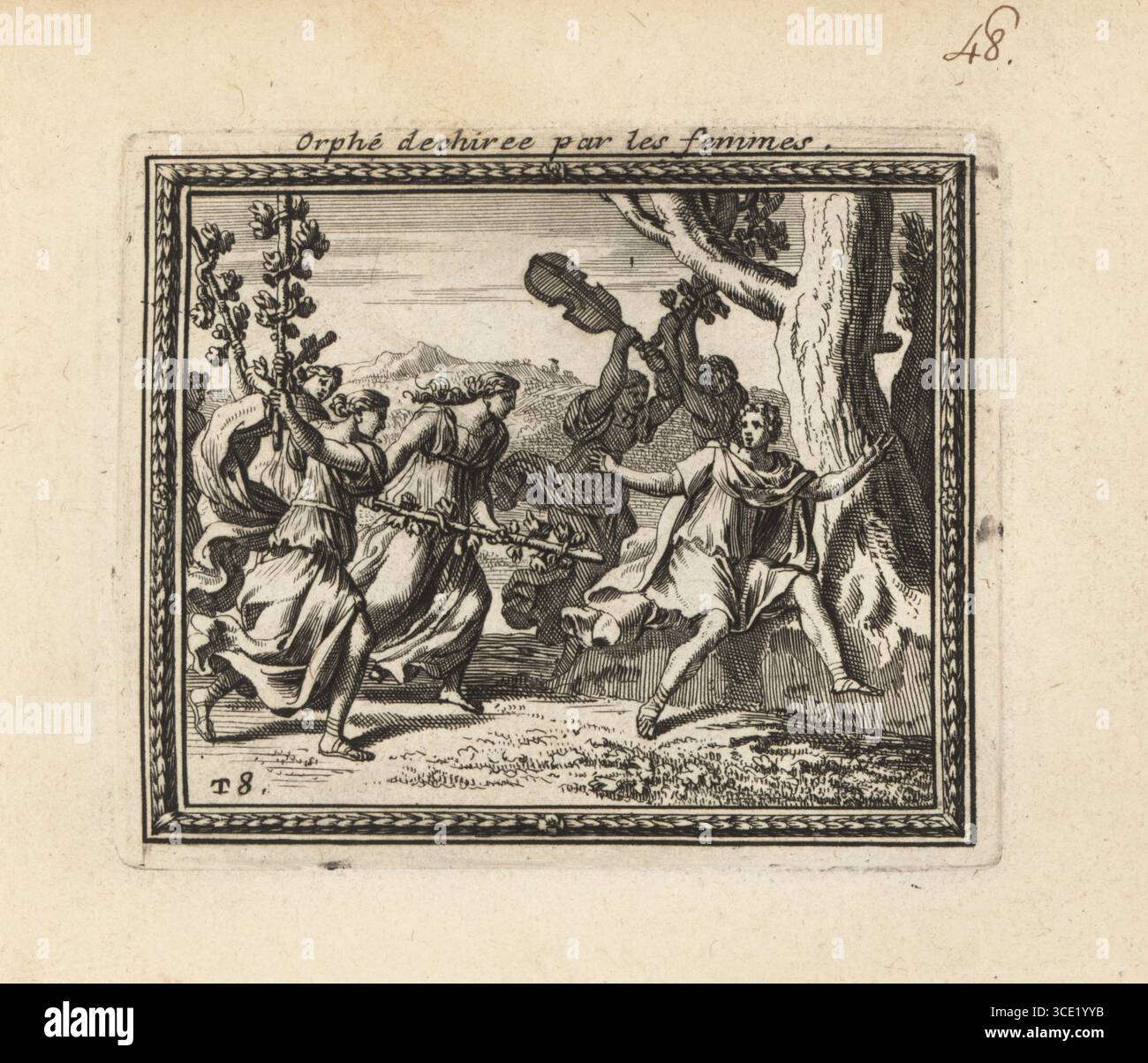 Orpheus wurde von den wütenden Bacchanten zerstört. Orpheus trauert um seine tote Frau Eurydice und weigert sich, für sie zu singen. Eine Gruppe leidenschaftlicher Frauen greift den Dichter und Musiker mit ihrem thyrsus und seiner eigenen Leier an. Diese thrakischen Frauen wurden in Bäume verwandelt. Femmes de Trace en Arbres. Orphe dechiree par les femmes. Kupferstich aus Metamorphoses d’Ovide en Rondeaux, Ovid’s Metamorphoses, chez Audran, Paris, 1676. Stockfoto