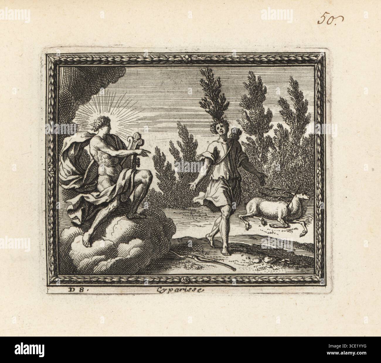 Apollo verwandelt Cyparissus in einen Zypressenbaum. Cyparissus war ein Jugendlicher, der sich selbstmordverdächtig machte, nachdem er während einer Jagd versehentlich einen zahmen Hirsch getötet hatte. Apollo, auf einer Wolke, die eine Leier hält, verwandelt ihn in eine Zypresse, die aus seinem Kopf sprießt. Cyparisse en Cypres. Kupferstich aus Metamorphoses d’Ovide en Rondeaux, Ovid’s Metamorphoses, chez Audran, Paris, 1676. Stockfoto