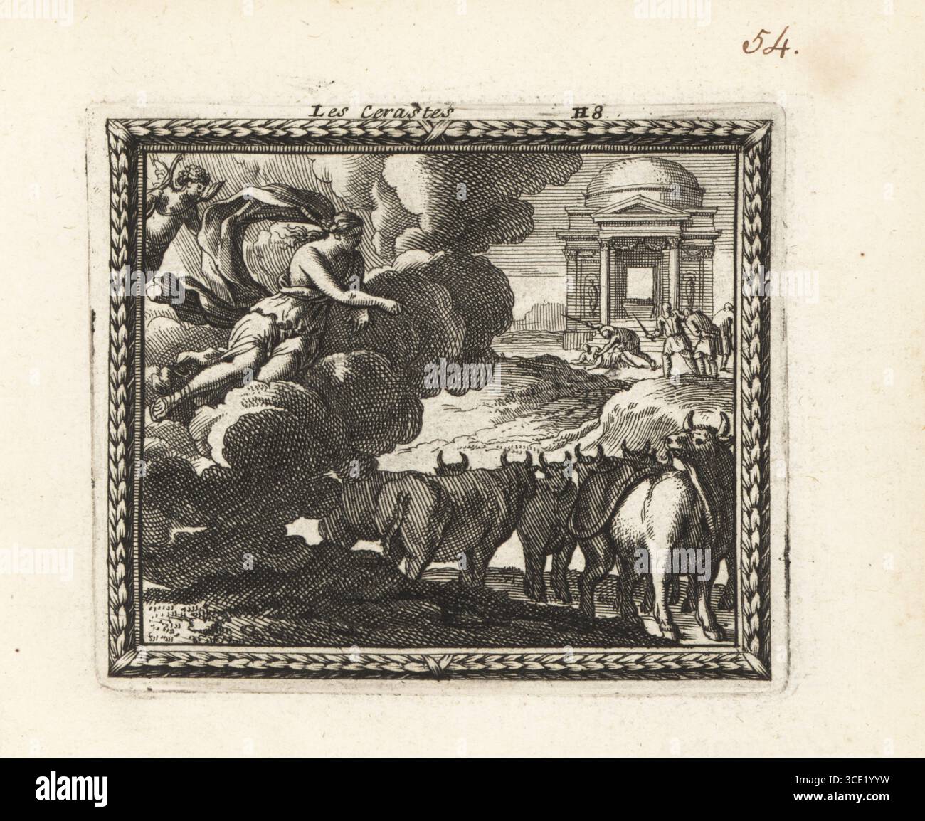 Venus verwandelt die Cerastae in Stiere. Die Cerastae waren brutale Männer Zyperns, die Reisende in einem Tempel dem Jupiter opferten. Die Liebesgöttin Venus auf einer Wolke mit geflügeltem Cupid verwandelt sie in Rinder. Les Cerastes. Kupferstich aus Metamorphoses d’Ovide en Rondeaux, Ovid’s Metamorphoses, chez Audran, Paris, 1676. Stockfoto