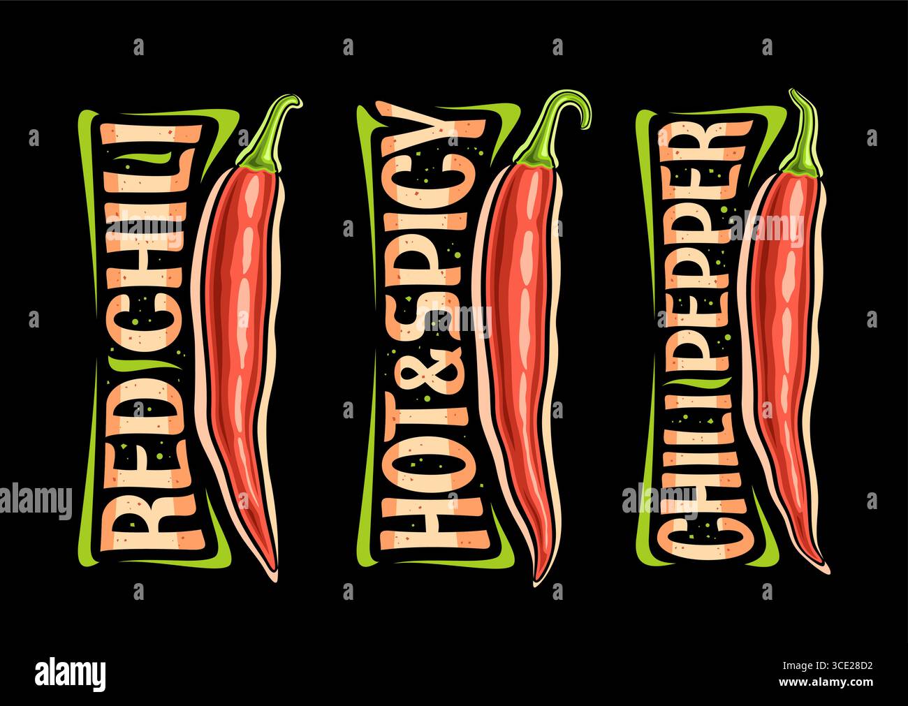 Vektor rote Chili Pfeffer Set, horizontales Poster mit Zeichentrickdesign ganze scharfe Chili, dekorative Plakette mit einzigartiger Pinselbeschriftung für verschiedene Orang Stock Vektor