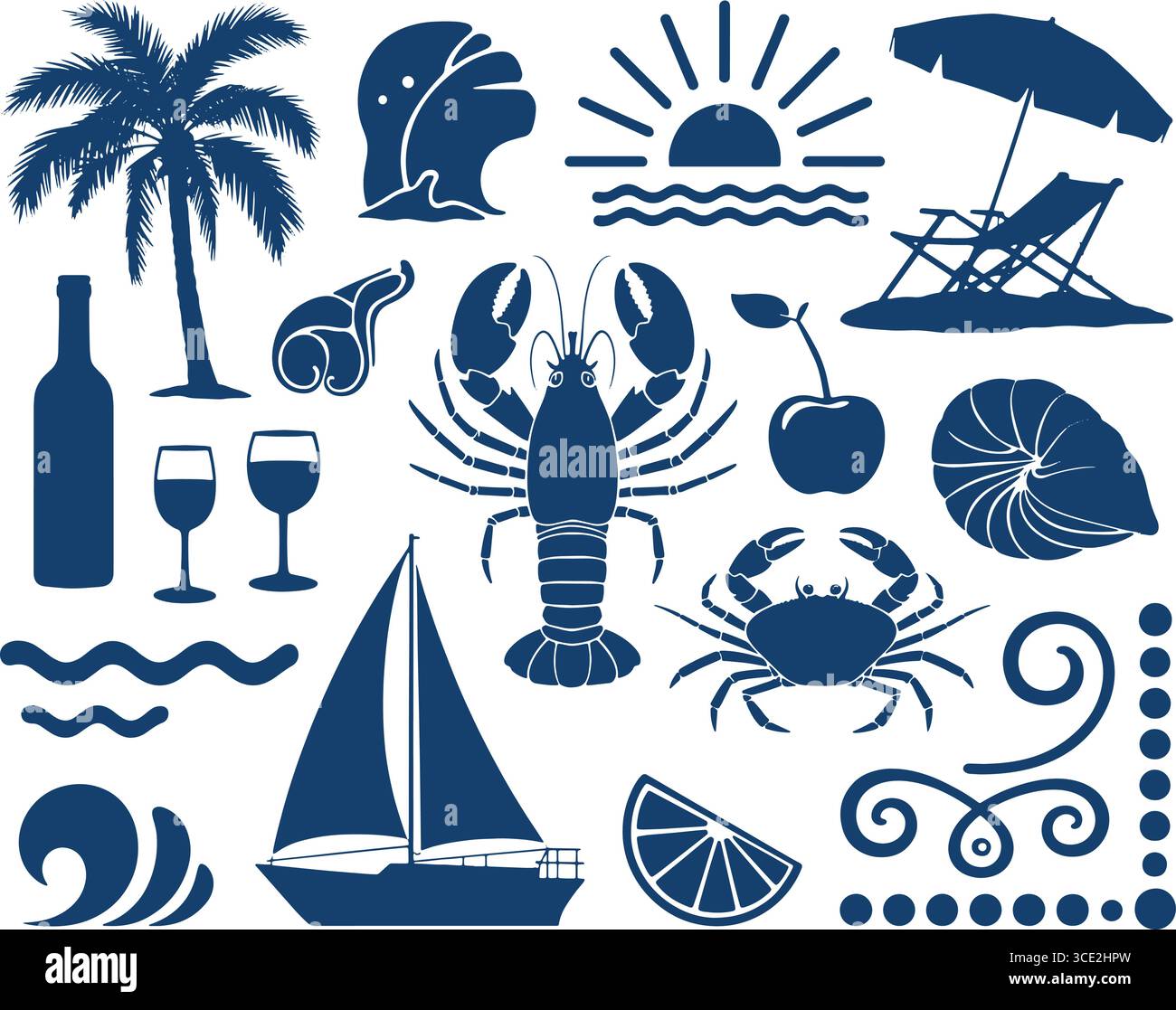 Strand und Sommer Silhouette Set - Delfin, Palme, Segelboot, Schirm, Obst und mehr Stock Vektor