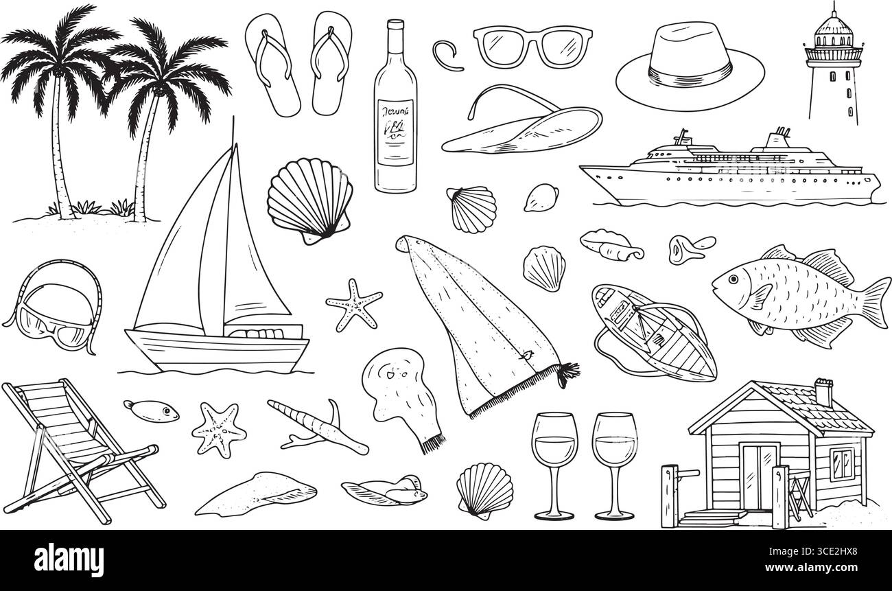 Strandurlaub-Ikone – Palmen, Kreuzfahrtschiff, Muscheln, Korallen, Weingläser und mehr Stock Vektor