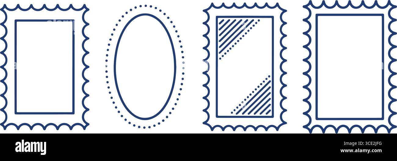 Stempelförmige Rahmen – wellige Ränder, gepunktete ovale, strukturierte Rechtecke Stock Vektor
