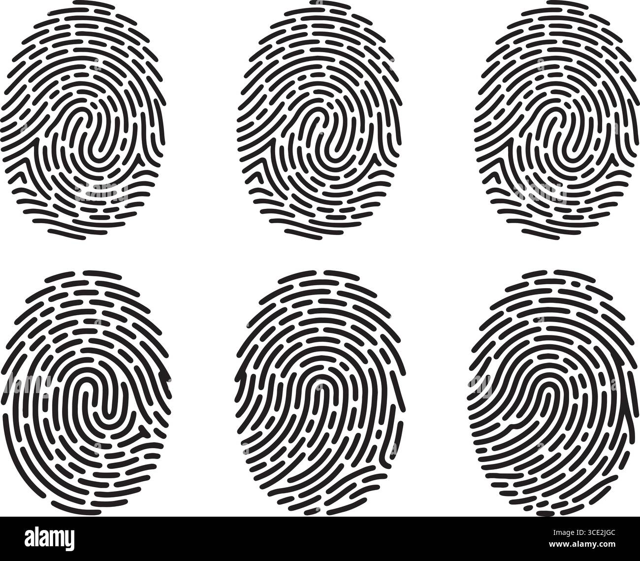 Sechs einzigartige Fingerabdruckmuster in zwei Reihen mit Rippendetails und biometrischen Minutien Stock Vektor