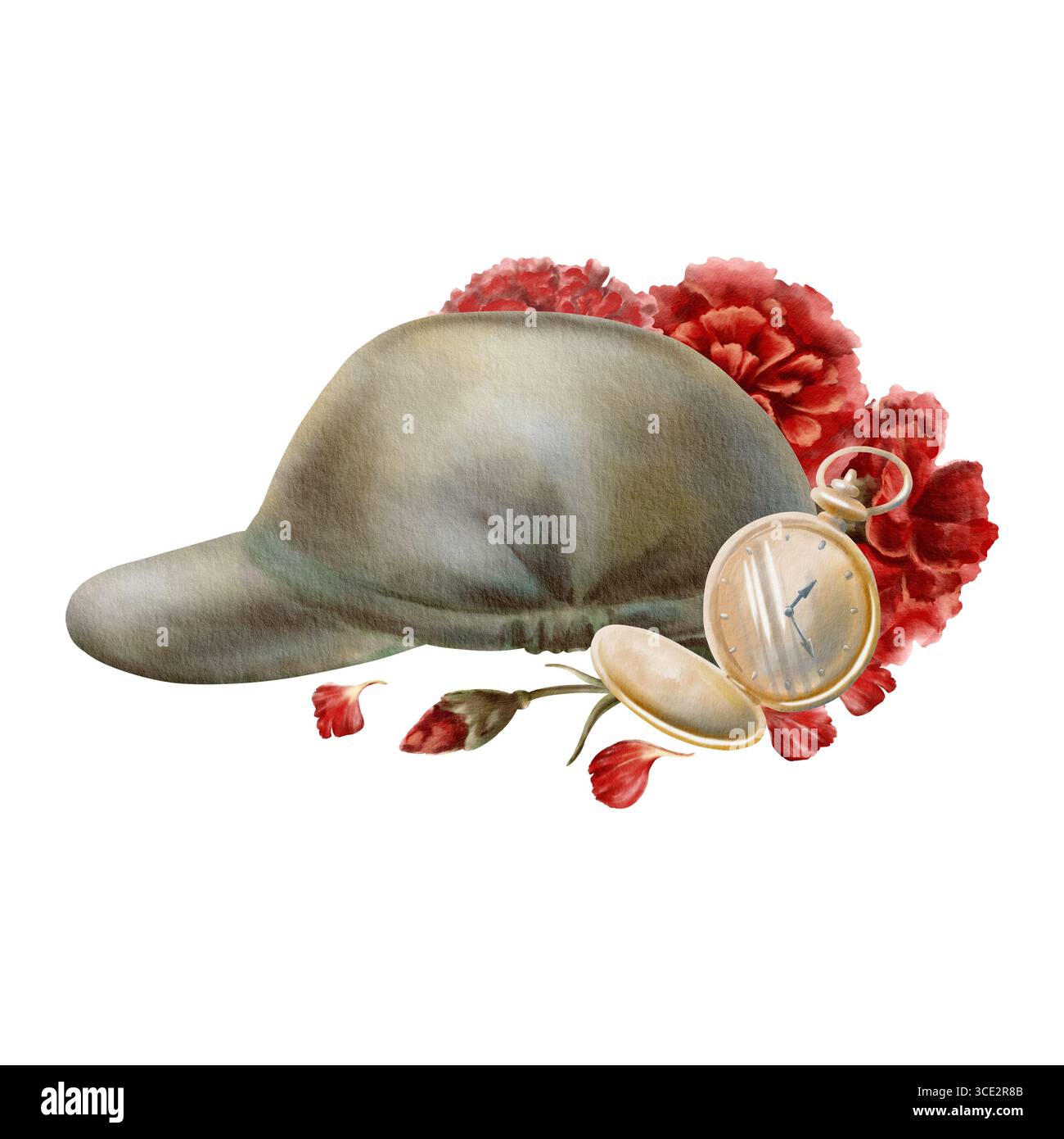 Revolution der Nelke in Symbol Vintage portugiesischer Militärhut, roten Blumen und goldenen Taschenuhr zeigt die Zeit den Beginn der Machtergreifung Stockfoto