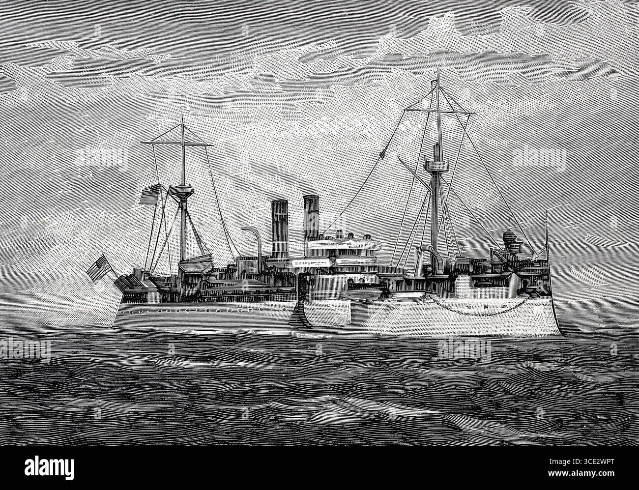 Der amerikanische Panzerkreuzer Maine, ein zweitklassiges Schlachtschiff der US Navy. Ihre Explosion 1898 im Hafen von Havanna gilt als Auslöser für den Spanisch-Amerikanischen Krieg. Historische, authentische, digital restaurierte Reproduktion eines Originals aus dem 19. Jahrhundert. Das Datensatzdatum wurde nicht angegeben. Stockfoto