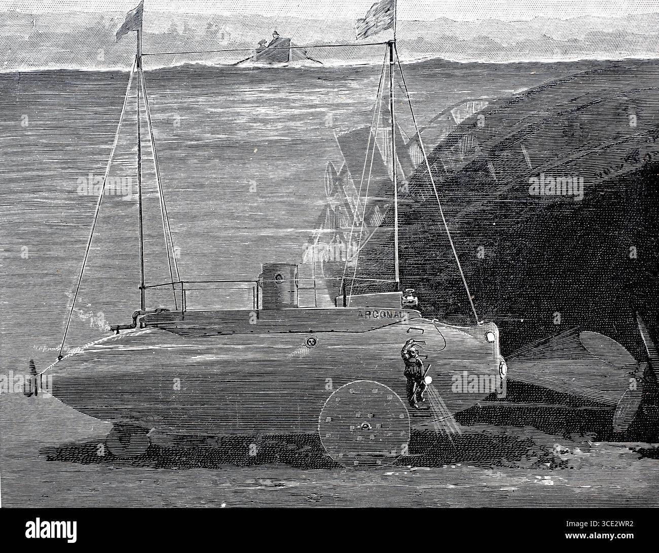 Simon Lakes' U-Boot Argonaut, das erste U-Boot, das erfolgreich auf offener See eingesetzt wurde, 1898. Historische, authentische, digital restaurierte Reproduktion eines Originals aus dem 19. Jahrhundert. Das Datensatzdatum wurde nicht angegeben. Stockfoto