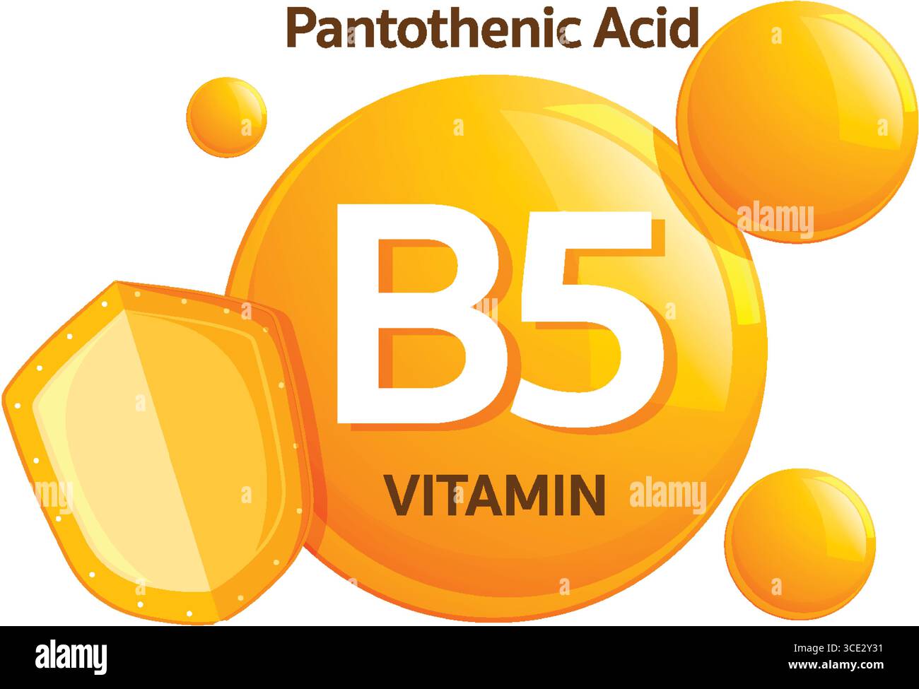 Helle Vektorillustration von Vitamin B5 Pantothensäure mit orangefarbenen glänzenden Kugeln, Schildsymbol und fettgedrucktem Text in einem modernen flachen Design Stock Vektor