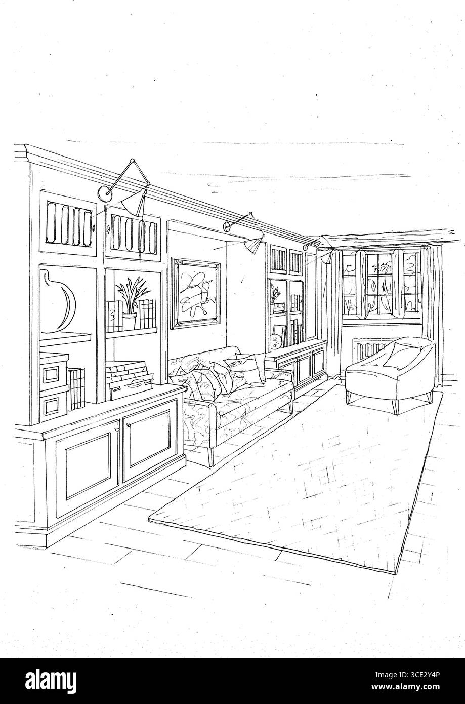 Handgezeichnete Schwarz-weiß-Skizze einer Lounge im traditionellen Stil. Stockfoto