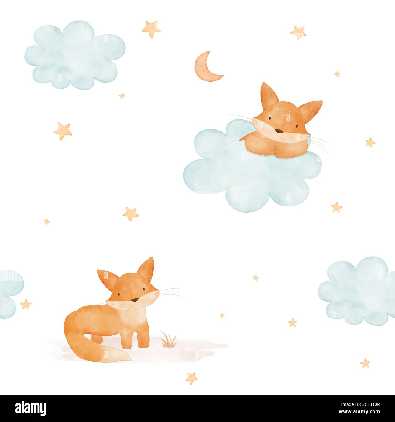 Handgemaltes nahtloses Muster mit Babyfuchs auf einer blauen Wolke. Niedliche Aquarellzeichnung von Wolken, Füchsen, Sternen und Mond. Stockfoto