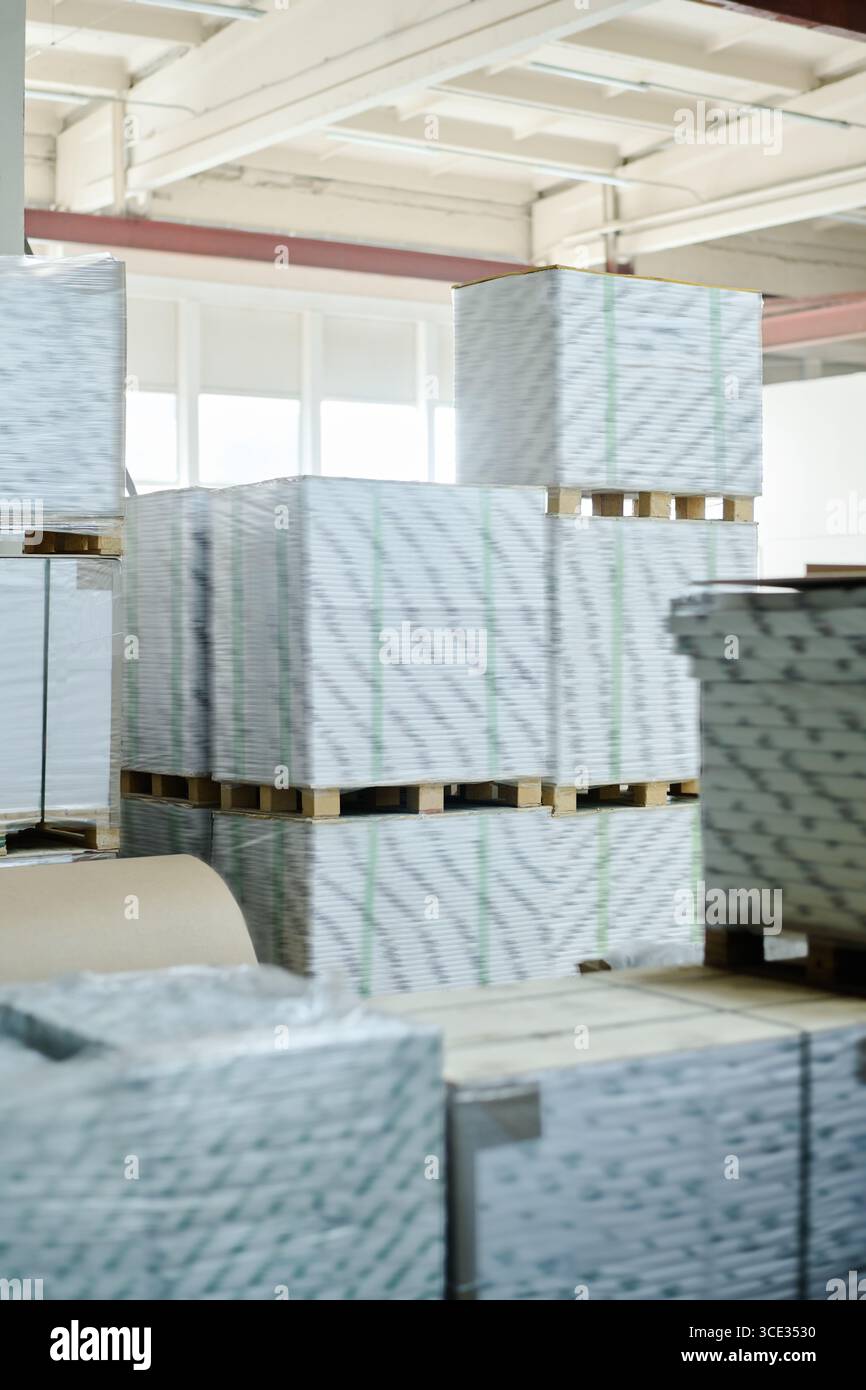 Keine Leute schossen von Stapel verpackter Papierbögen in einem modernen Druckereilager, Kopierraum Stockfoto