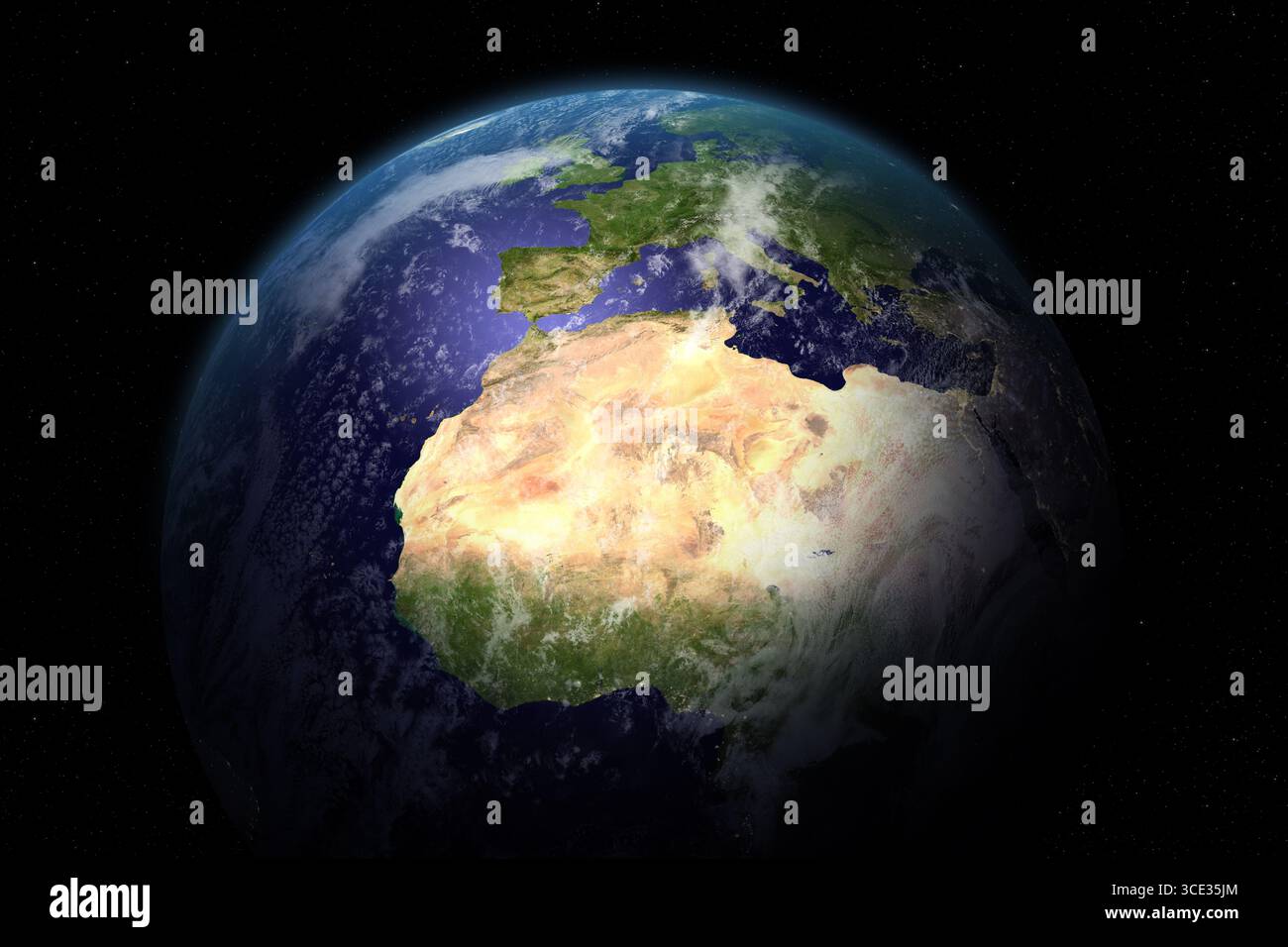 Planet Erde. Afrika und Europa aus dem Weltraum. Weltkarte am Tag, Satellitenbild. Elemente dieses Bildes, bereitgestellt von der NASA. Stockfoto