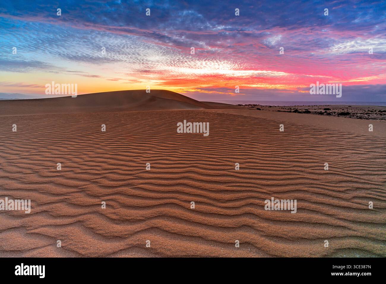 Romantischer Himmel bei Sonnenaufgang über den gewellten Sanddünen des Naturparks Corralejo, Fuerteventura, Kanarischen Inseln, Spanien Stockfoto