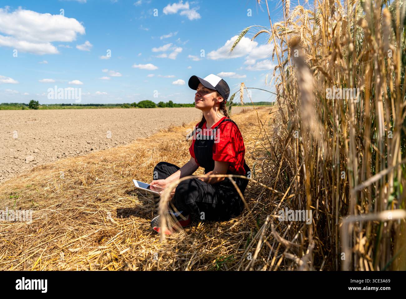 Moderne Landarbeiterinnen, die mit Tablette im Feld Pause machen Stockfoto