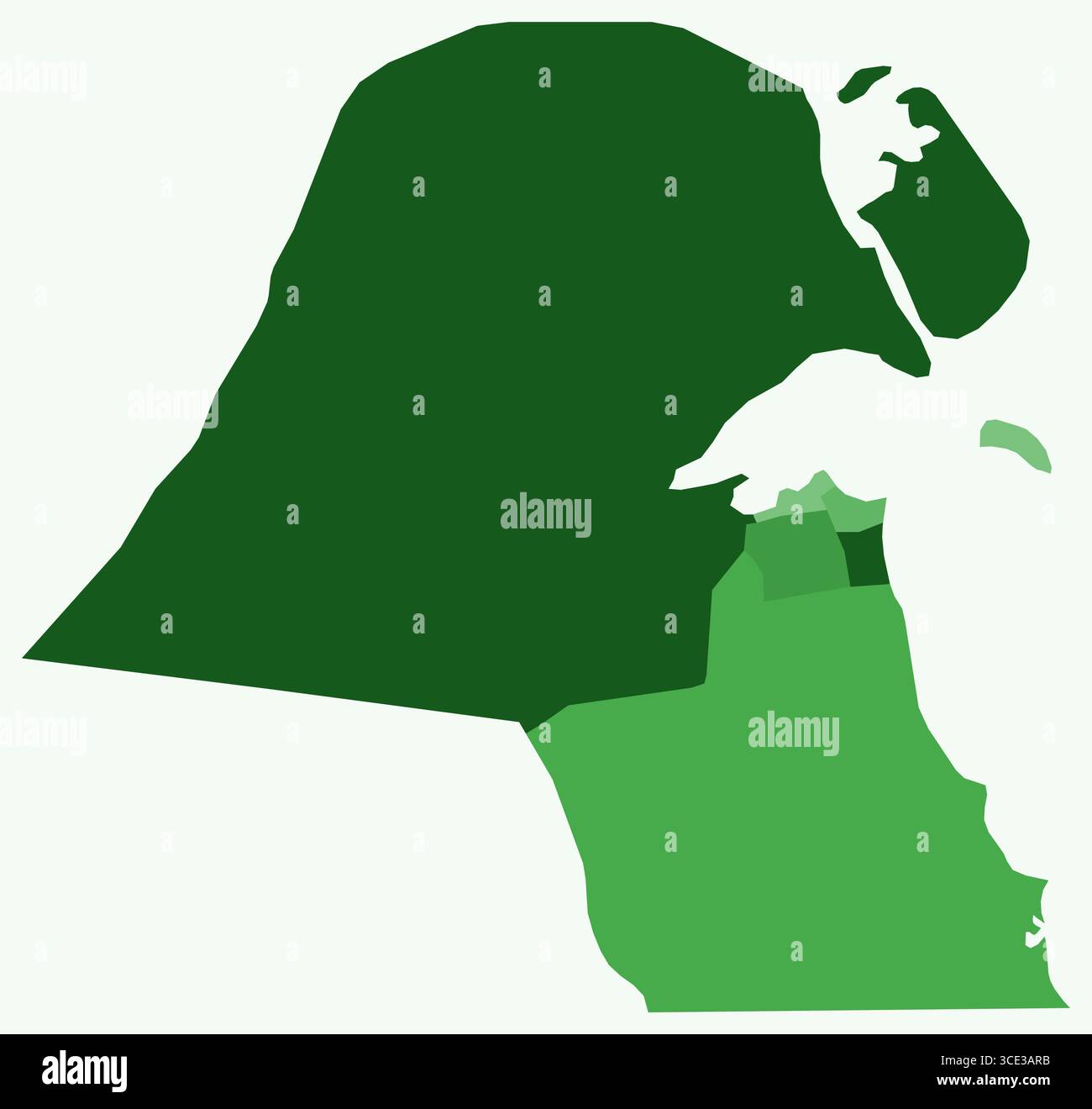 Karte von Kuwait mit Regionen. Nur eine einfache Ländergrenzkarte mit regionaler Aufteilung. Grüne Farbpalette. Stock Vektor