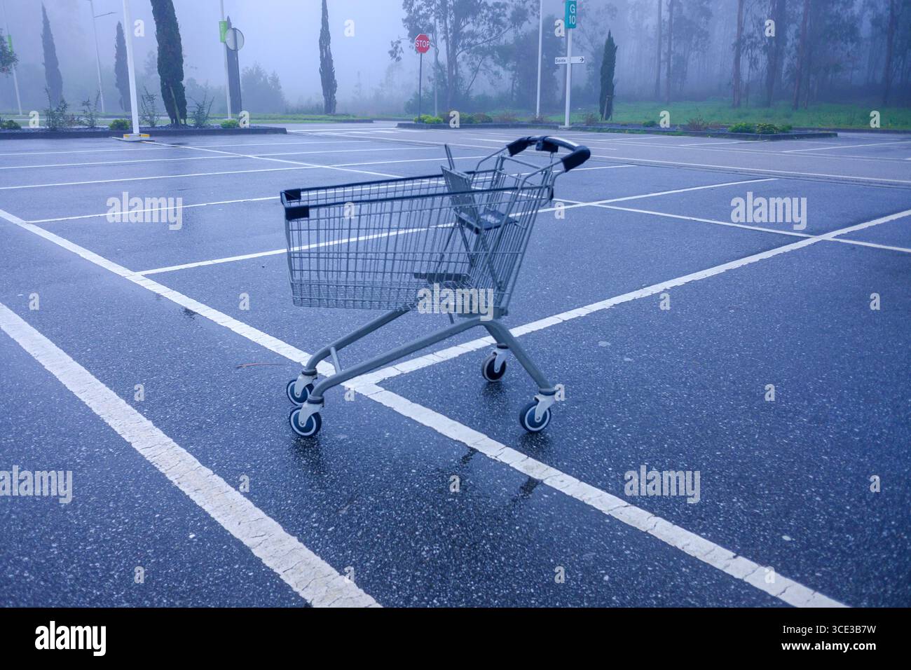 Ein verlassener Einkaufswagen auf einem nebeligen Parkplatz, ein Gefühl der Einsamkeit. Stockfoto