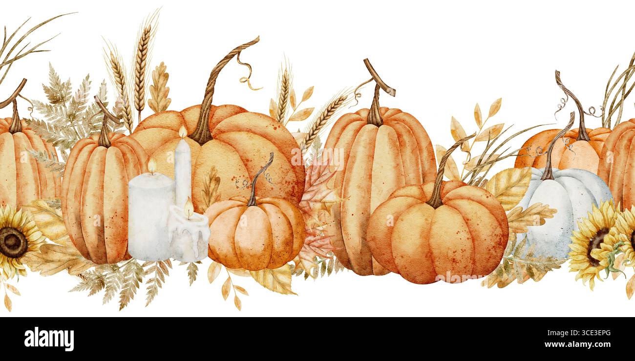 Nahtlose Aquarellrandung mit Kürbissen, Kerzen, Sonnenblumen und Laub. Illustration eines Musters mit Herbstlaub für gemütliches Erntedesign. Zeichnung des Rahmens für Vorlagen für saisonale Grußkarten. Stockfoto