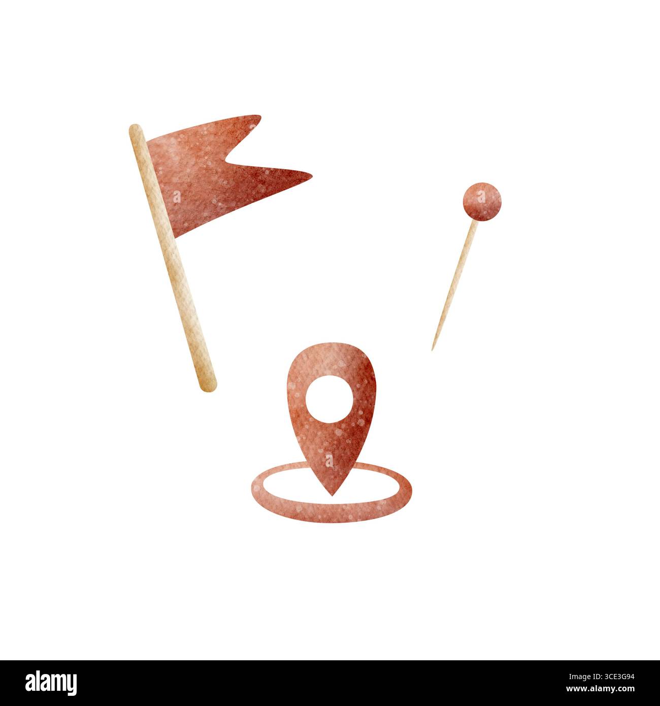 Satz roter Symbole, Kartenbezeichnung, Reiseziel, Geolokation, Flagge rot, Stift. Aquarellillustration von Ikonen im kindlichen Stil. Clipart Stockfoto