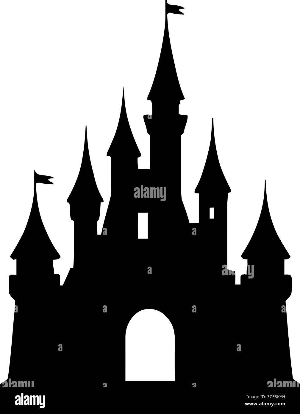 Legendäre Silhouette eines märchenhaften Schlosses mit Türmen und Fahnen, perfekt für Fantasiemusiken und Kindergeschichten. Stock Vektor