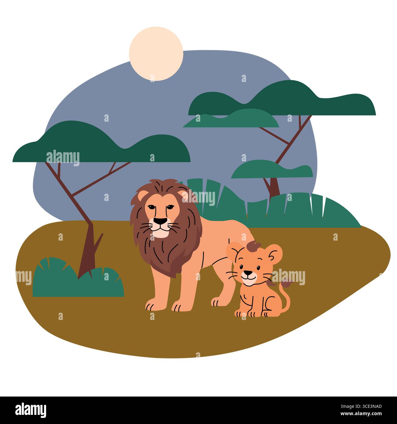 Flache Illustration eines Löwen und Jungen in einer afrikanischen Savannenlandschaft mit Akazienbäumen, Gras und einer untergehenden Sonne. Niedlicher Cartoon-Stil, ideal für Stock Vektor