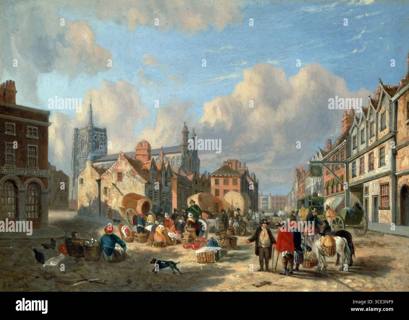 The Haymarket Norwich 1825 von David Hodgson Oil on Panel Malerei Kunstwerk Vintage Ansicht. Hektische Marktszene aus dem 19. Jahrhundert Stockfoto