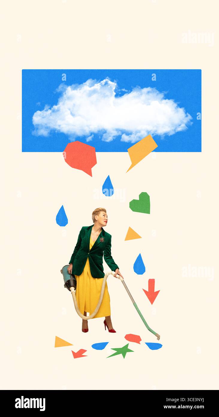 Frau saugt bunte abstrakte Formen ab, die aus Wolkencollage fallen Stockfoto