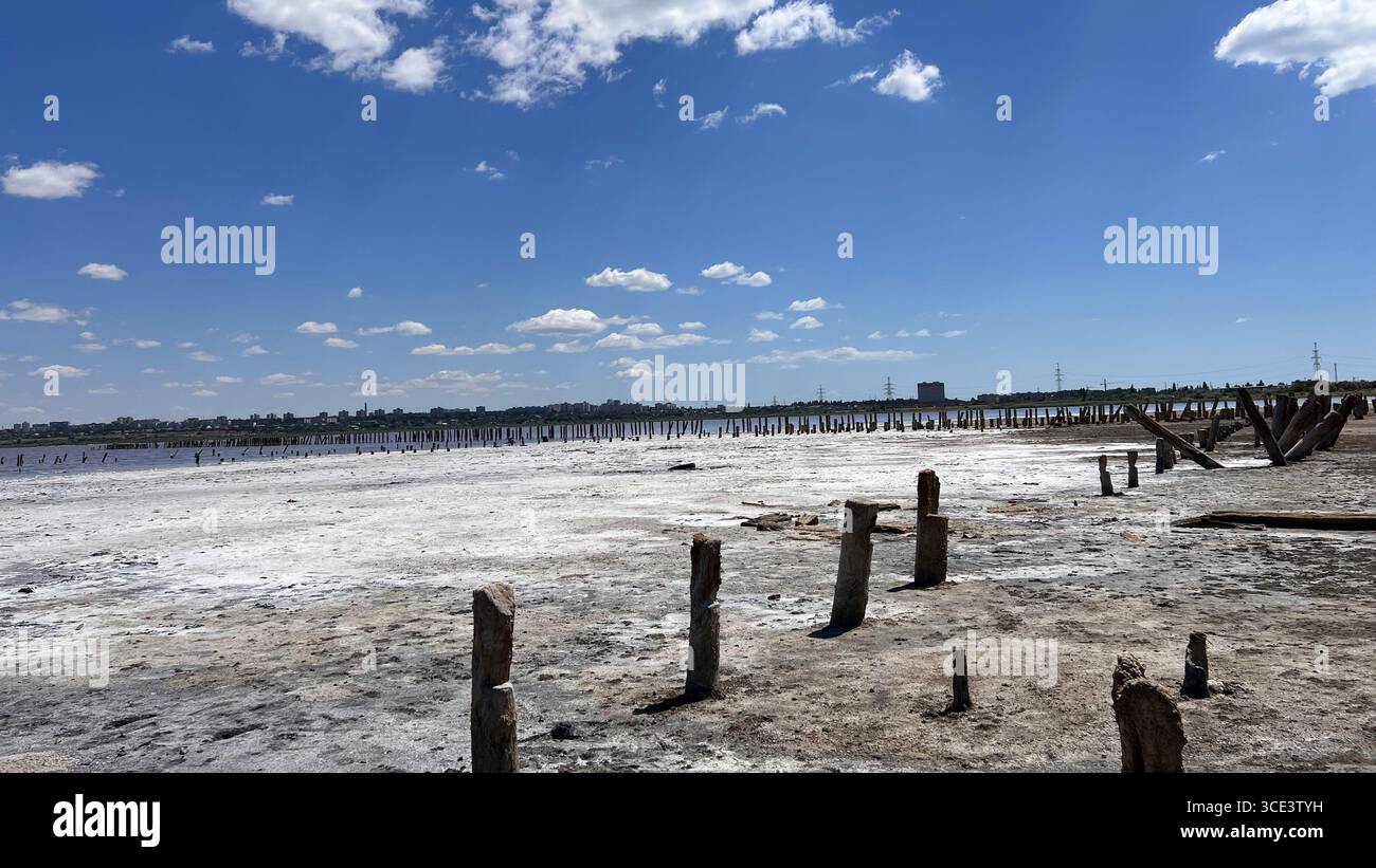Salzsee, sonniger Sommertag, Salzresort, alte Holzpfähle, altes Holz Stockfoto