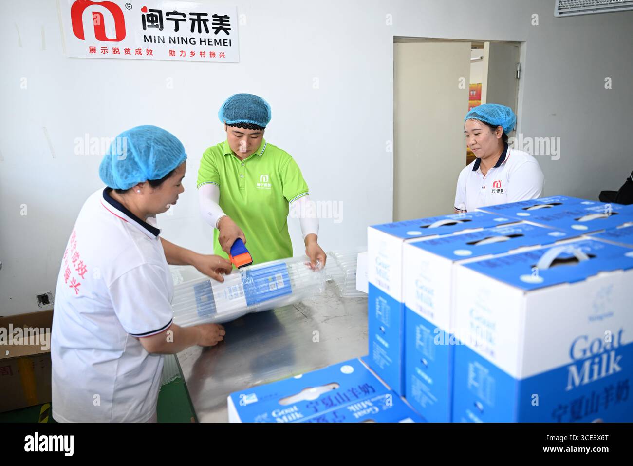 (250815) -- YINCHUAN, 15. August 2025 (Xinhua) -- Mitarbeiter packen lokale Produkte in einem von der Regierung unterstützten E-Commerce-Workshop in Minning Town, Yongning County in Yinchuan, Hauptstadt der nordwestchinesischen Autonomen Region Ningxia Hui, 13. August 2025. (Xinhua/Wang Peng) Stockfoto
