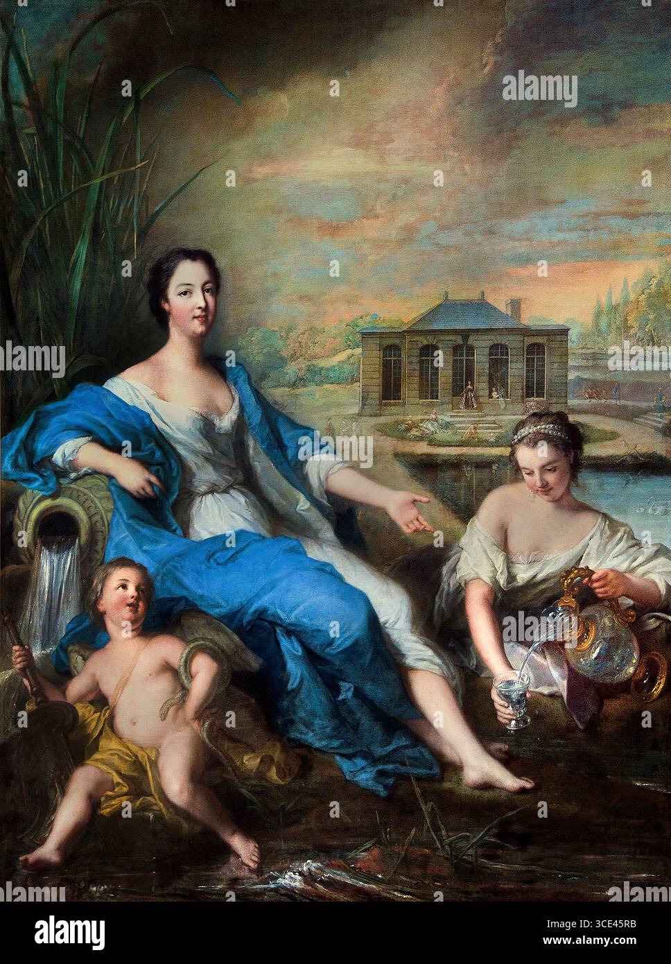 Porträt en pied de Marie-Anne de Bourbon, dite Mademoiselle de Clermont, aux eaux minérales de Chantilly' von Jean-Marc Nattier 1685–1766, gemalt 1729 ( dieses Porträt zeigt Marie-Anne de Bourbon-Condé (1697–1741) an den Mineralquellen von Chantilly. Es ist ein Ölgemälde auf Leinwand und befindet sich im musée Condé in Chantilly. Stockfoto