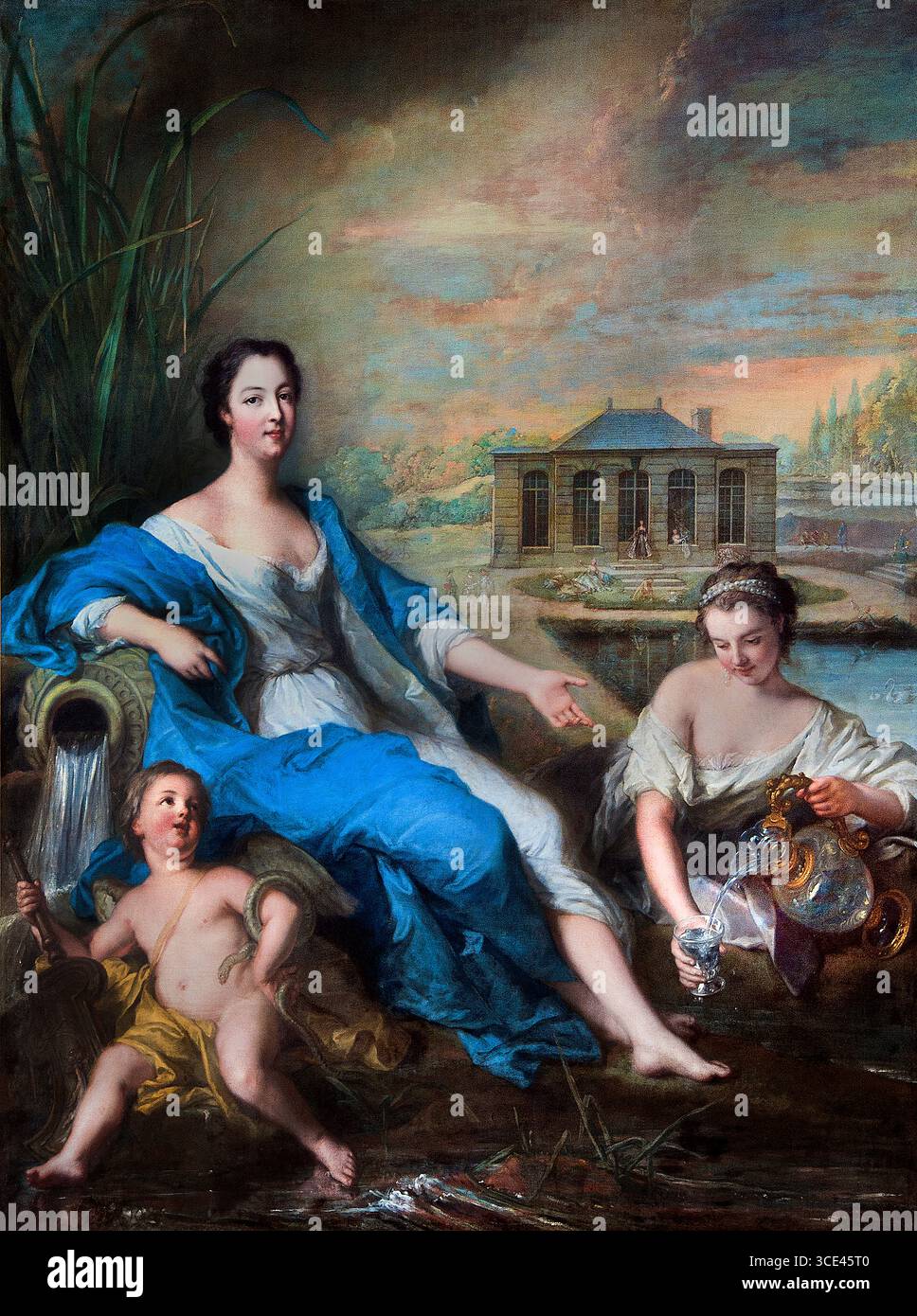 Porträt en pied de Marie-Anne de Bourbon, dite Mademoiselle de Clermont, aux eaux minérales de Chantilly' von Jean-Marc Nattier 1685–1766, gemalt 1729 ( dieses Porträt zeigt Marie-Anne de Bourbon-Condé (1697–1741) an den Mineralquellen von Chantilly. Es ist ein Ölgemälde auf Leinwand und befindet sich im musée Condé in Chantilly. Stockfoto