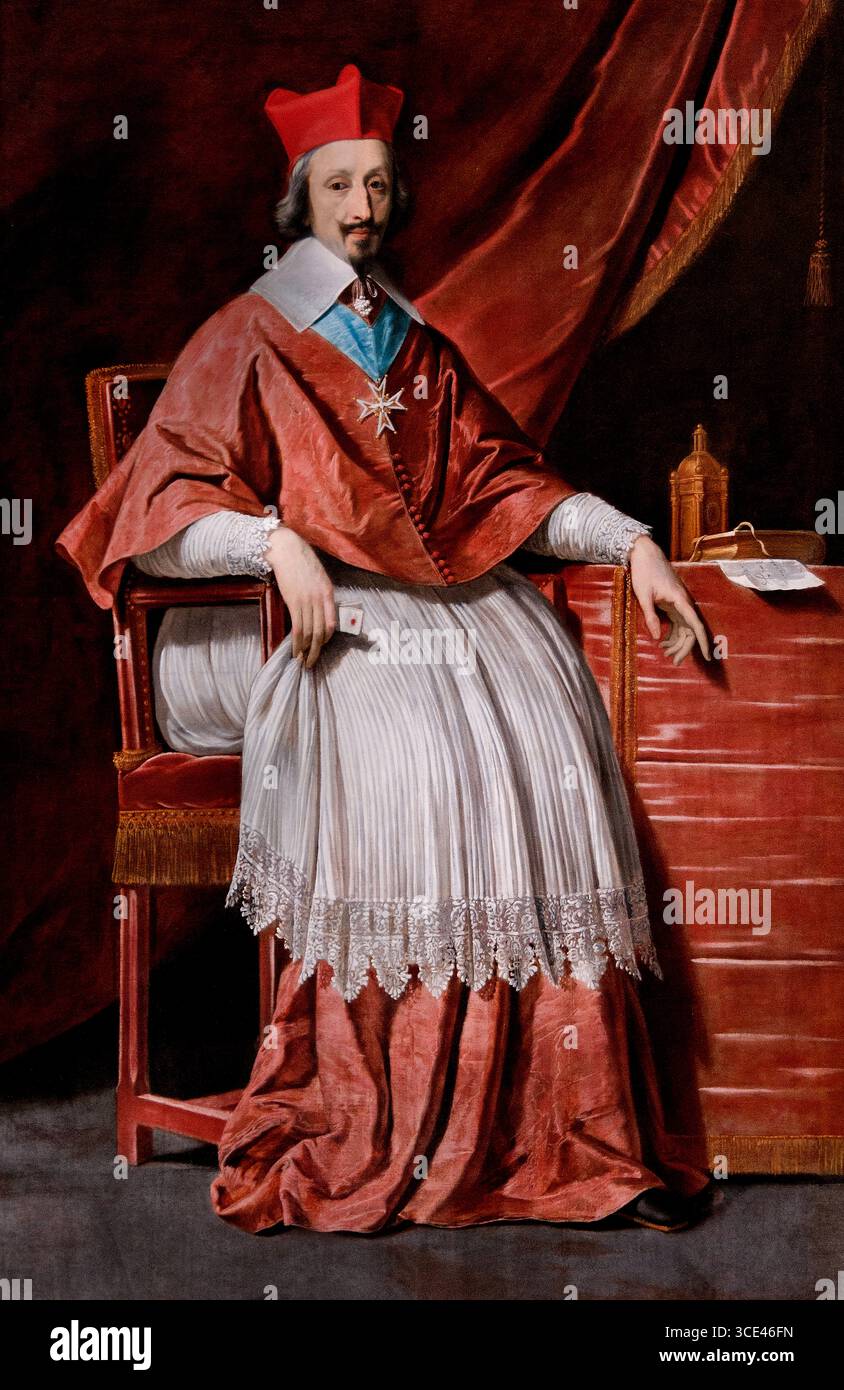 Kardinal Richelieu 1585-1642 French 1636 von Philippe de Champaigne 1602–1674 französischer Barockmaler France Louvre Museum Paris France, ( Armand Jean du Plessis, 1. Herzog von Richelieu, auch bekannt als Kardinal Richelieu, war ein französisch-katholischer Prälat und Staatsmann, der einen übermäßigen Einfluss in zivilen und religiösen Angelegenheiten hatte). Stockfoto
