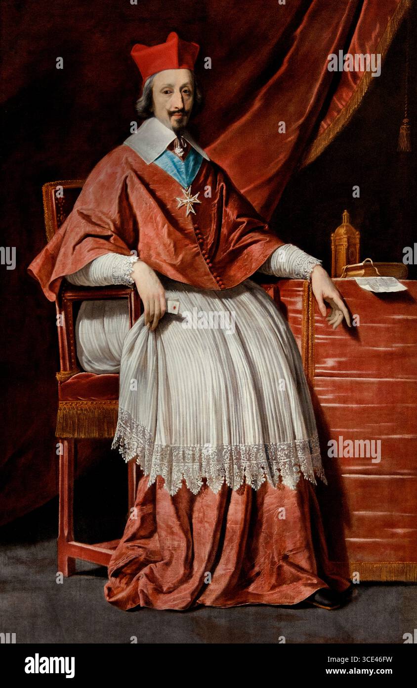 Kardinal Richelieu 1585-1642 French 1636 von Philippe de Champaigne 1602–1674 französischer Barockmaler France Louvre Museum Paris France, ( Armand Jean du Plessis, 1. Herzog von Richelieu, auch bekannt als Kardinal Richelieu, war ein französisch-katholischer Prälat und Staatsmann, der einen übermäßigen Einfluss in zivilen und religiösen Angelegenheiten hatte). Stockfoto