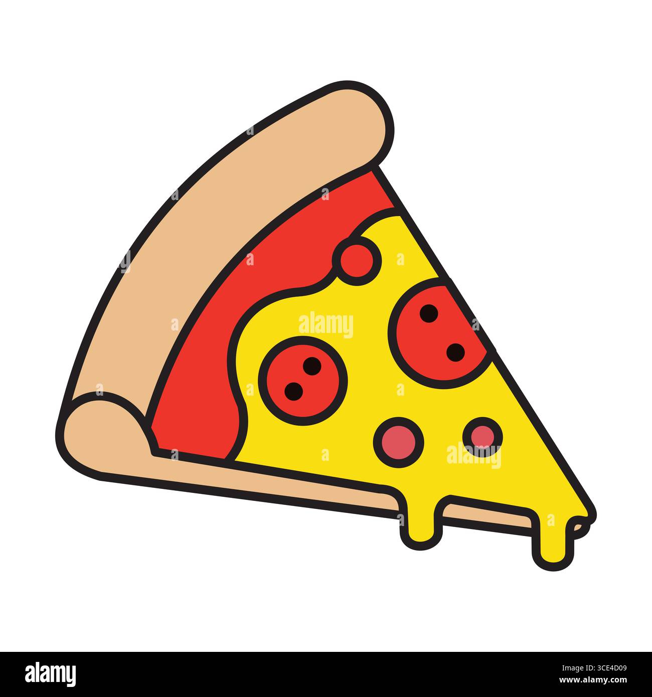 Vektor-Illustration einer bunten einzelnen Salami-Pizza-Scheibe mit schmelzendem Käse und knuspriger Kruste, ideal für Lebensmittel-Themen-Designs. Stockfoto