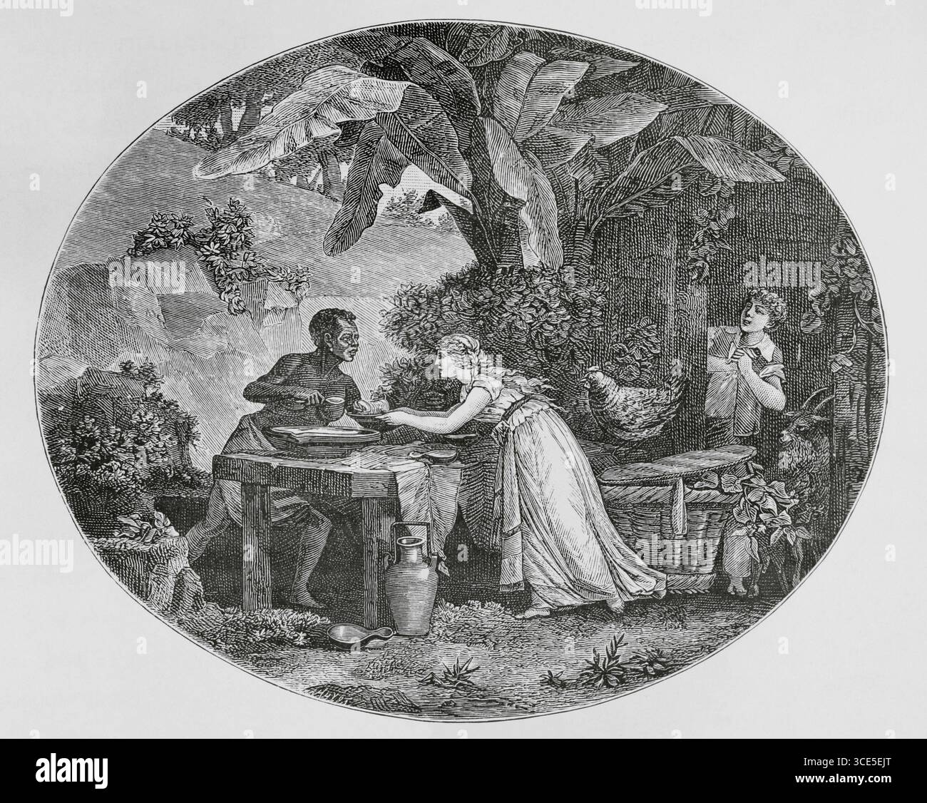 "Paul et Virginie" (Paul und Virginia). Roman von Jacques-Henri Bernardin de Saint-Pierre (1737–1814), veröffentlicht 1788. Es zeigt zwei Freunde aus der Kindheit, die sich unschuldig verlieben. Der Roman spielt in Isle de France (heute Mauritius), einem Ort, den der Autor besucht hatte. Die Wohltätigkeitsorganisation von Virginia. Virginia ernährt und trinkt eine Frau, die auf Mauritius geflohen ist. Stich von Huyot nach Philibert-Louis Debucourt (1755-1832), 1796. Direktorin, Konsulat und Reich. Moeurs et Usages, Lettres, Sciences et Arts. France, 1795-1815' (Verzeichnis, Konsulat und das Reich von Frankreich. Kunde Stockfoto