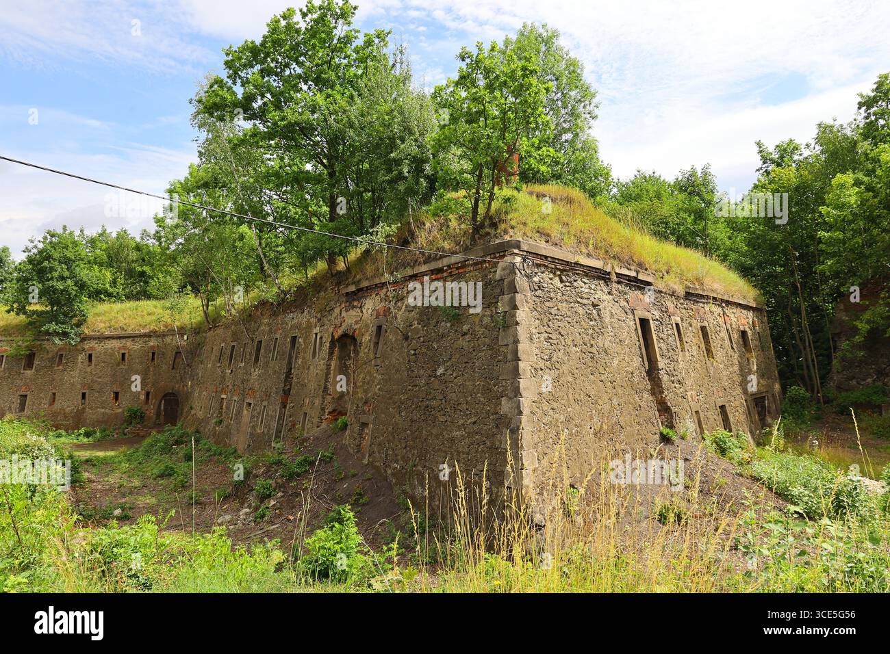 Eckblick auf die historischen Steinmauern der Festung Owcza Góra in Kłodzko, bedeckt mit Gras und Bäumen Stockfoto Eckblick auf die historischen Steinmauern der Festung Owcza Góra in Kłodzko, bedeckt mit Gras und Bäumen Stockfoto