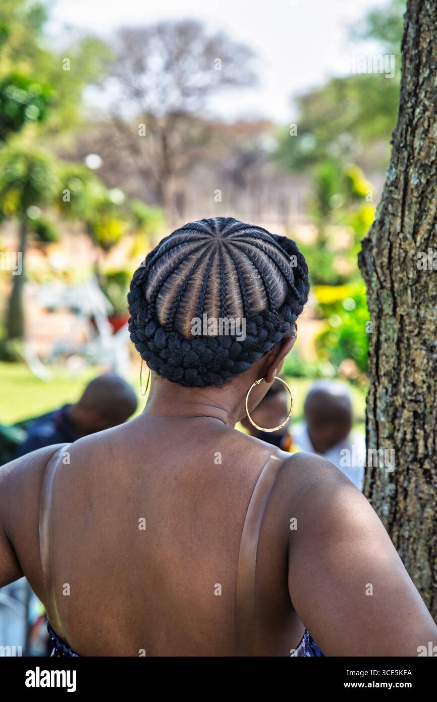 Cornrow Zöpfe Frisur afrikanische Frau, stehend draußen in der Natur neben einem Baum, sonniger Tag Stockfoto