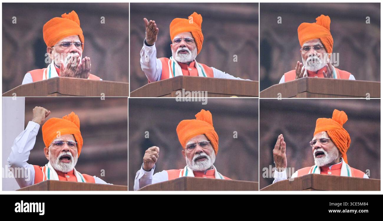 NEW DELHI, INDIEN – 15. AUGUST: Eine Serie von sechs Fotografien, die Premierminister Narendra Modi während der Feierlichkeiten zum 79. Unabhängigkeitstag am 15. August 2025 in Neu-Delhi, Indien, an den Festungsmauern des Roten Forts wendet. Premierminister Modi konzentrierte sich auf den Aufbau eines Viksit Bharat (entwickelte Nation) und machte wichtige Ankündigungen, einschließlich der GST-Reformen der nächsten Generation und Pradhan Mantri Viksit Bharat Rozgar Yojana für die Jugend. Modi brach seinen eigenen 98-Minuten-Rekord vom 78. Unabhängigkeitstag letztes Jahr. Seine längste Rede zum Unabhängigkeitstag vor 2024 war 96 Minuten im Jahr 2016, während seine kürzeste Stockfoto