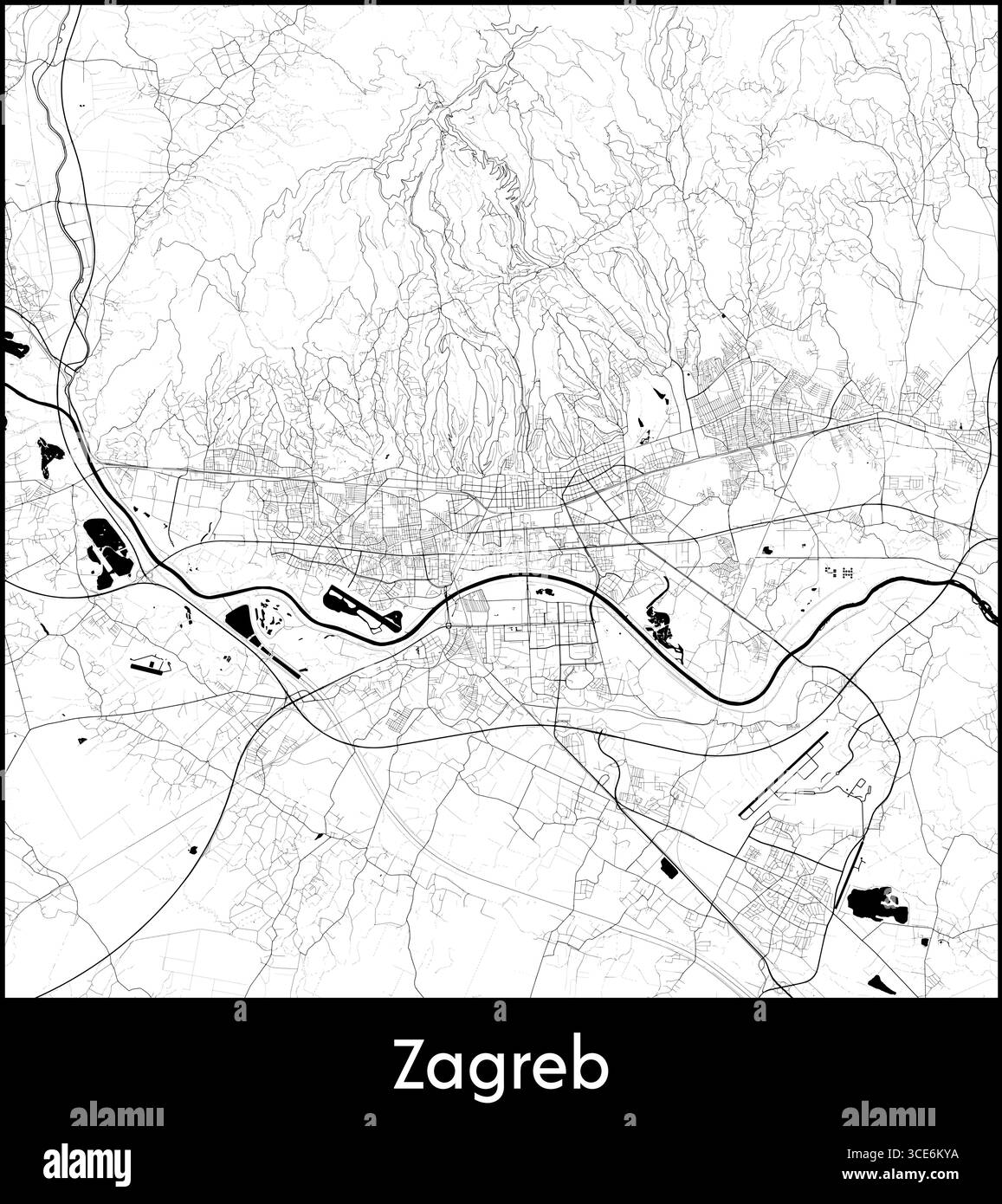 Zagreb Stadtplan, Kroatien - Topographische Vektorkarte Poster Stock Vektor