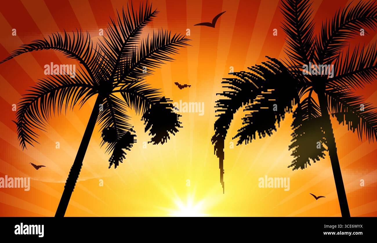 Tropischer Sonnenuntergang mit Palmen Silhouetten fliegende Vögel und gelber Himmel Hintergrund bereisen das Sommerparadies Stock Vektor