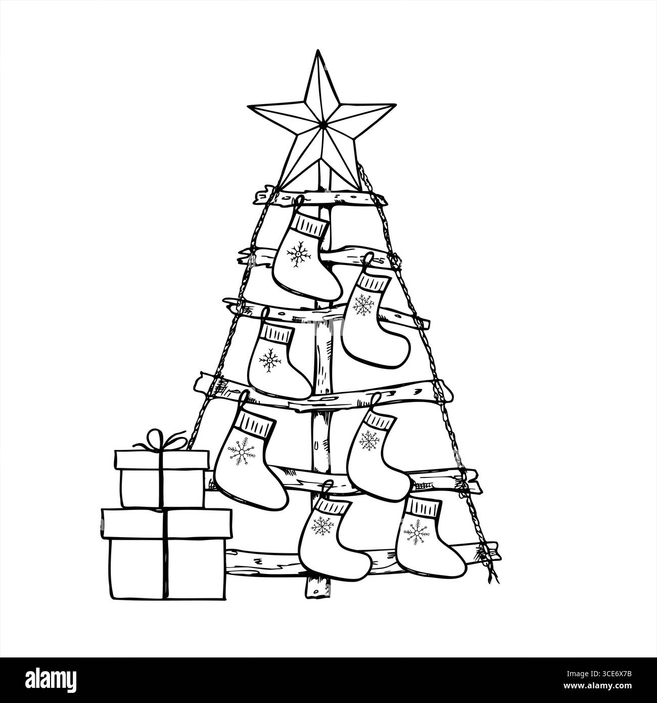 Craft Öko Weihnachtsbaum aus Holz getrockneten Stäbchen, Seil und verzierten Stern, gestrickte Geschenk Socken und Geschenkboxen Vektor Illustration. Stock Vektor