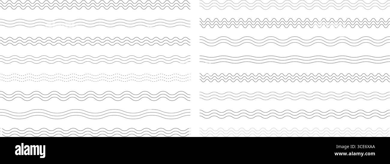 Wellenlinien eingestellt. Sammlung abstrakter, welliger und gepunkteter Linien auf weißem Hintergrund. Minimalistische Dekorationselemente Stock Vektor