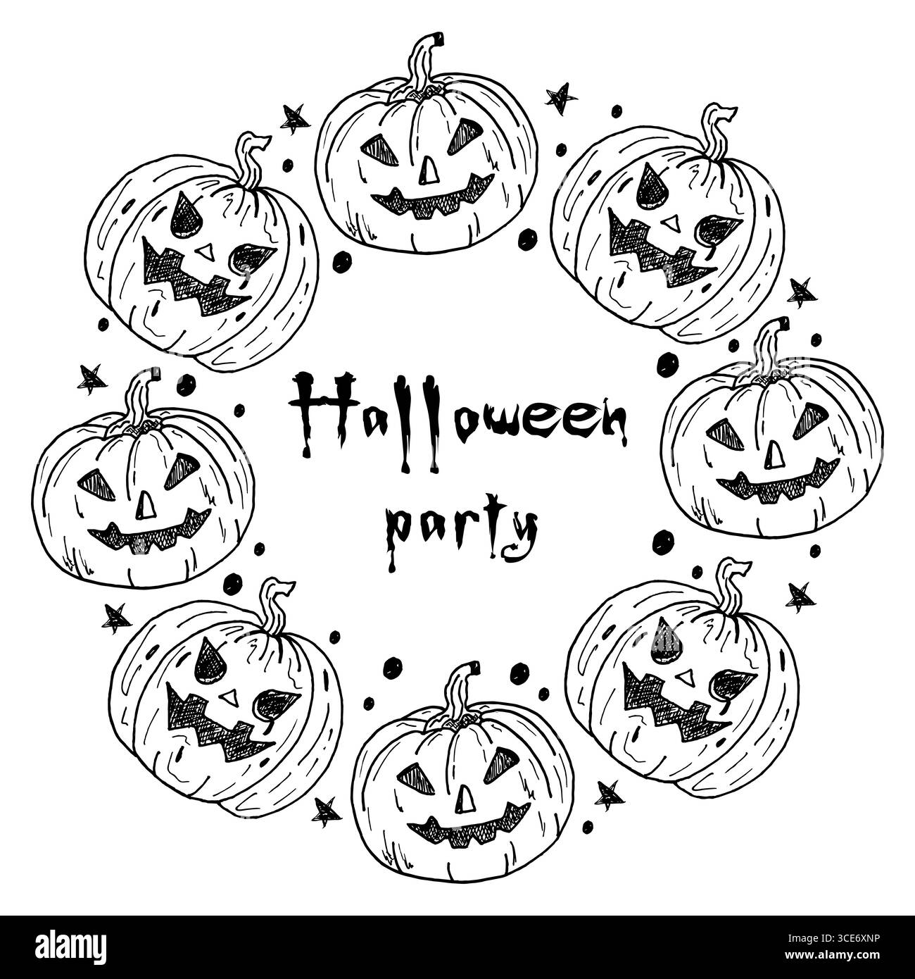 Rundes Kürbis-Rahmendesign für Halloween-Party. Runder Kranz mit gruselig lächelnden Kürbissen. Handgezeichneter Herbstvektorrahmen im Doodle-Stil mit Textraum. Vorlage für Feiertage. Stock Vektor