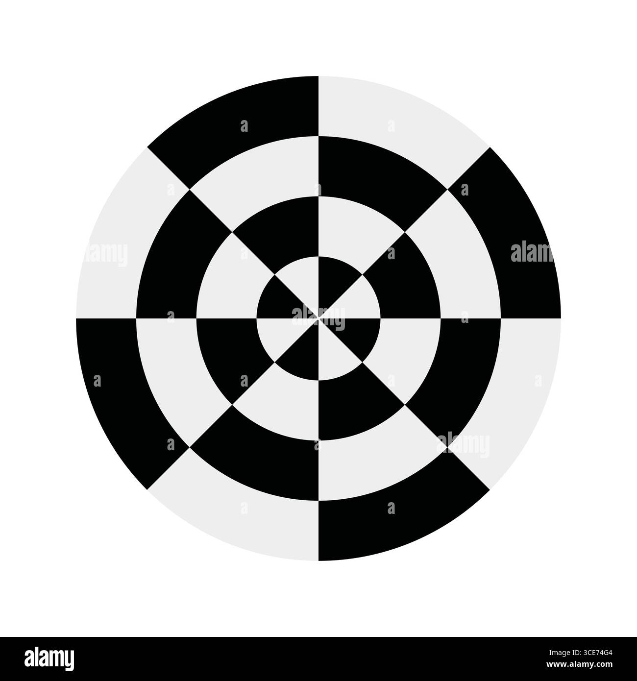 Abstraktes konzentrisches Schwarzweiß-Kreismuster mit wechselnden Segmenten, wodurch ein symmetrisches optisches Illusionsdesign entsteht. Stock Vektor