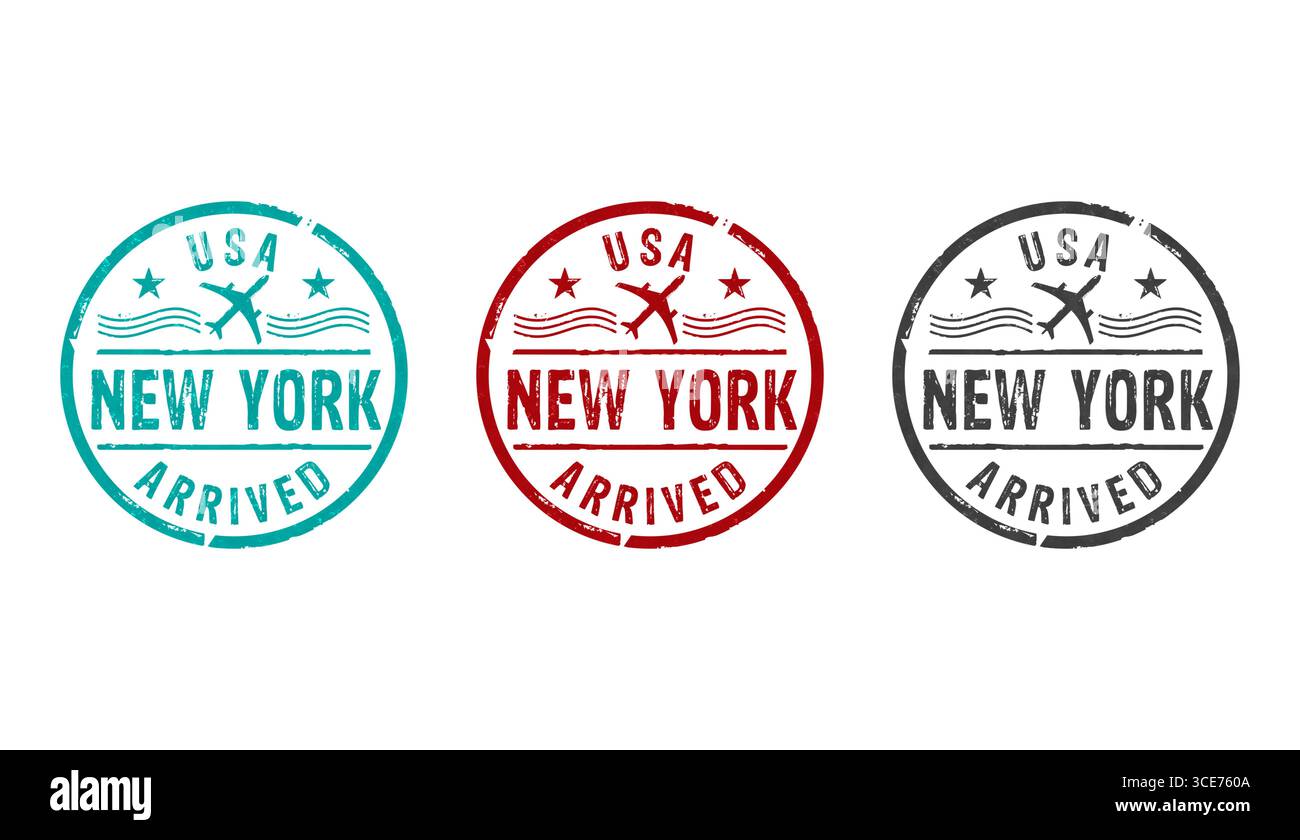 New York USA kamen Briefmarkensymbole in wenigen Farbversionen an. NYC Flug Ankunft Konzept 3D Rendering Illustration. Stockfoto