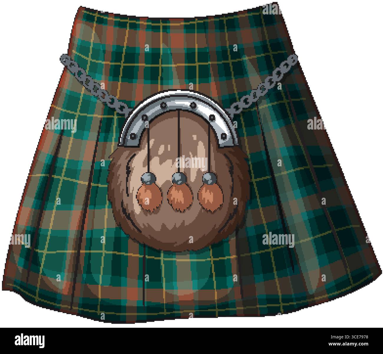 Vektor-Illustration eines grünen schottischen Kilts mit Schottenmuster mit detailliertem Pelzsporran und Metallkette, in einem sauberen, realistischen Stil dargestellt Stock Vektor